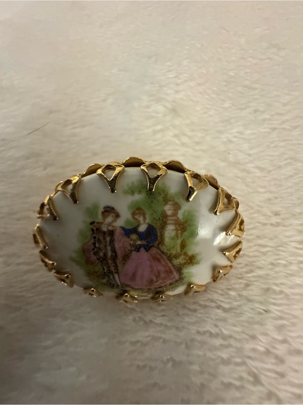 Gold-Tone Porcelain Cameo Brooch with Pink and White Accents